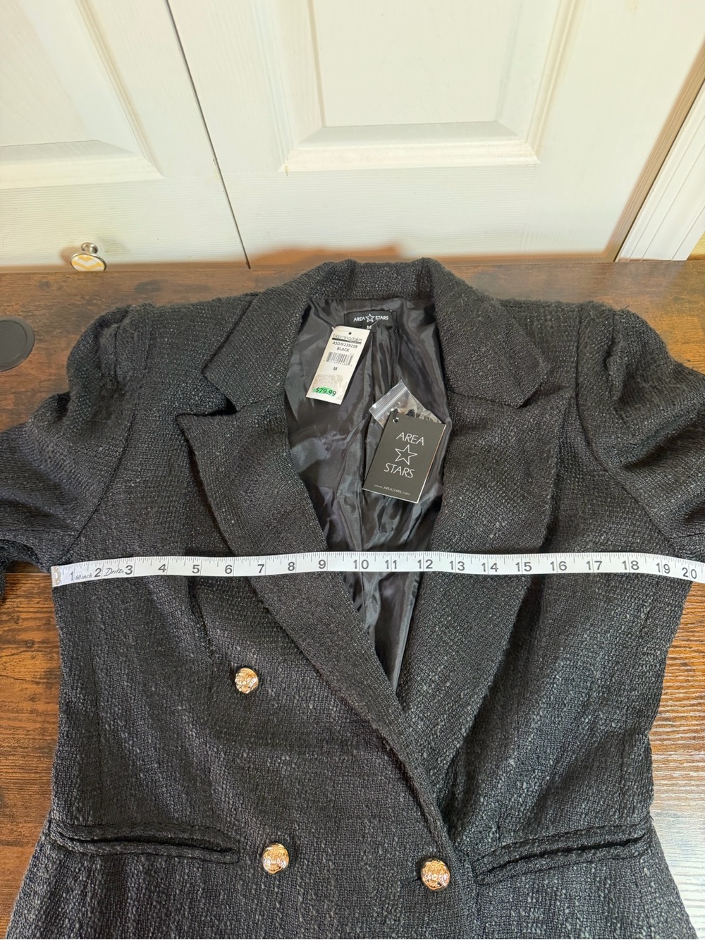 Bloomingdale's Area Stars Black Tweed Double-Breasted Blazer with Gold Buttons - Picture 8 of 12